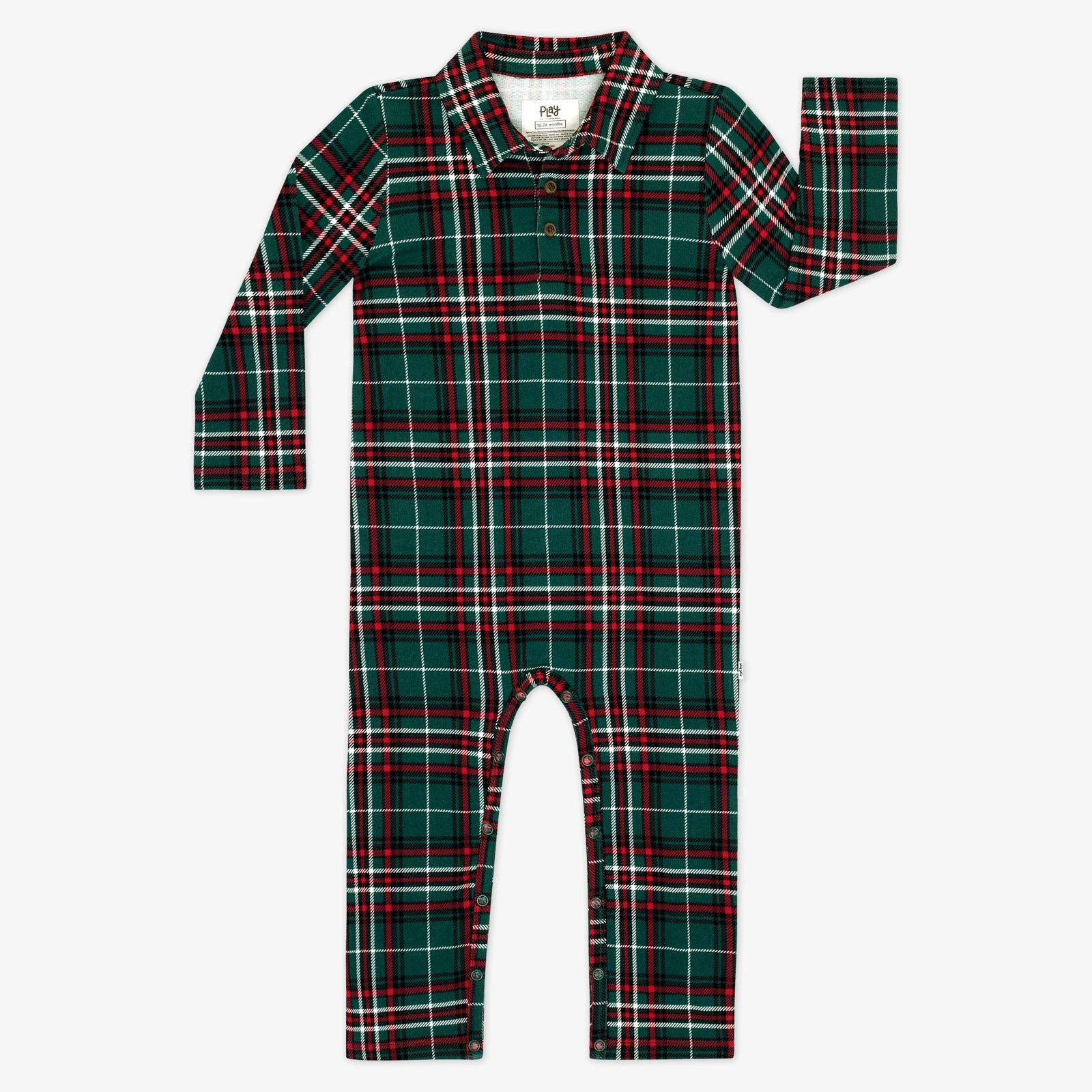 Flat lay image of an Evergreen Plaid Polo Romper