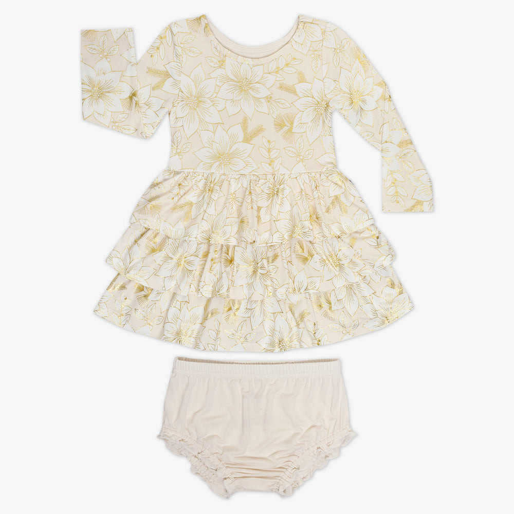 Flat lay image of a Golden Blooms Tiered Tutu Dress with Bloomer