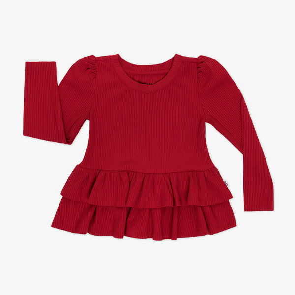 Flat lay image of a Holiday Red Ribbed Tiered Peplum Top