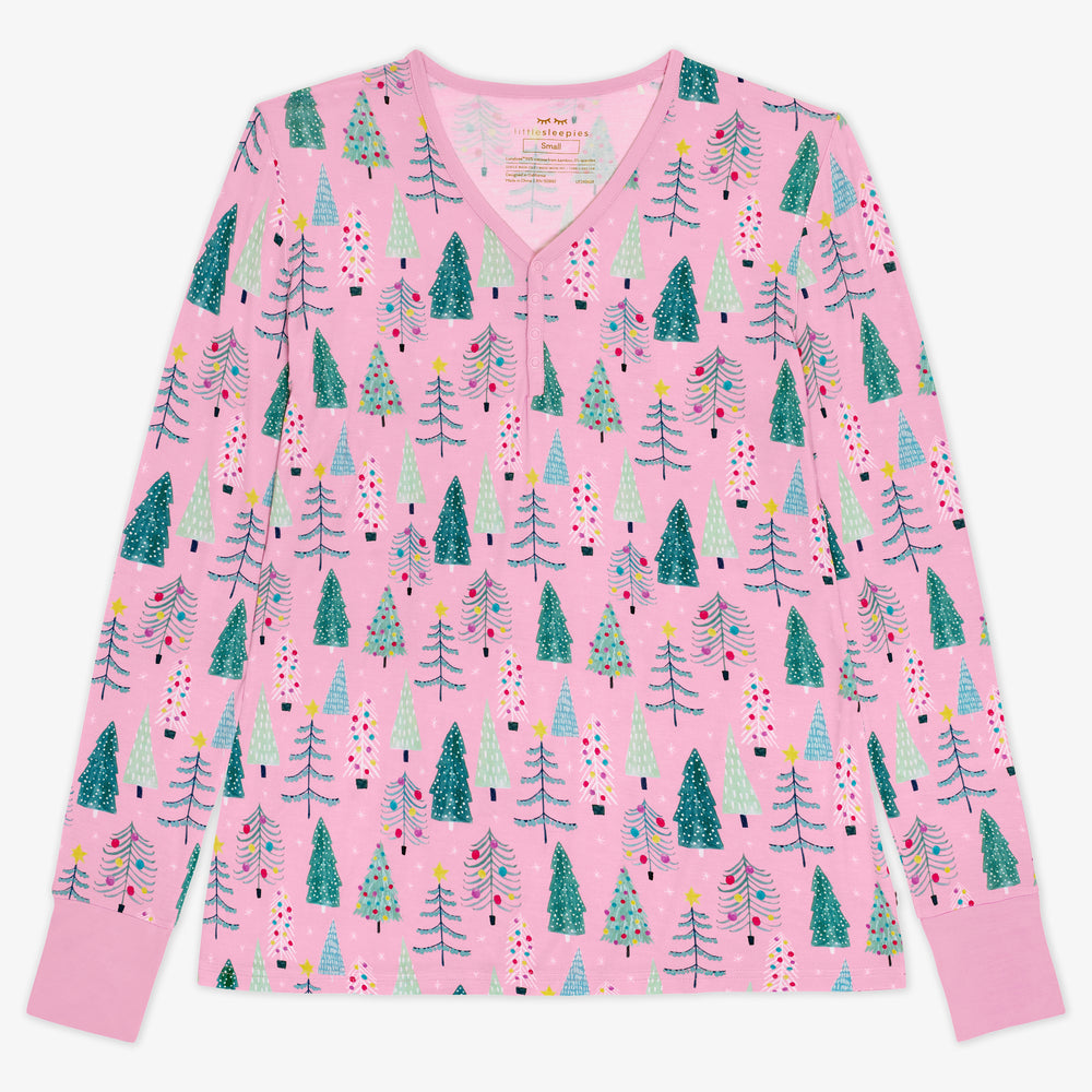 Flat lay image of a Pink Twinkling Trees Women's Pajama Top