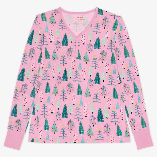 Flat lay image of a Pink Twinkling Trees Women's Pajama Top