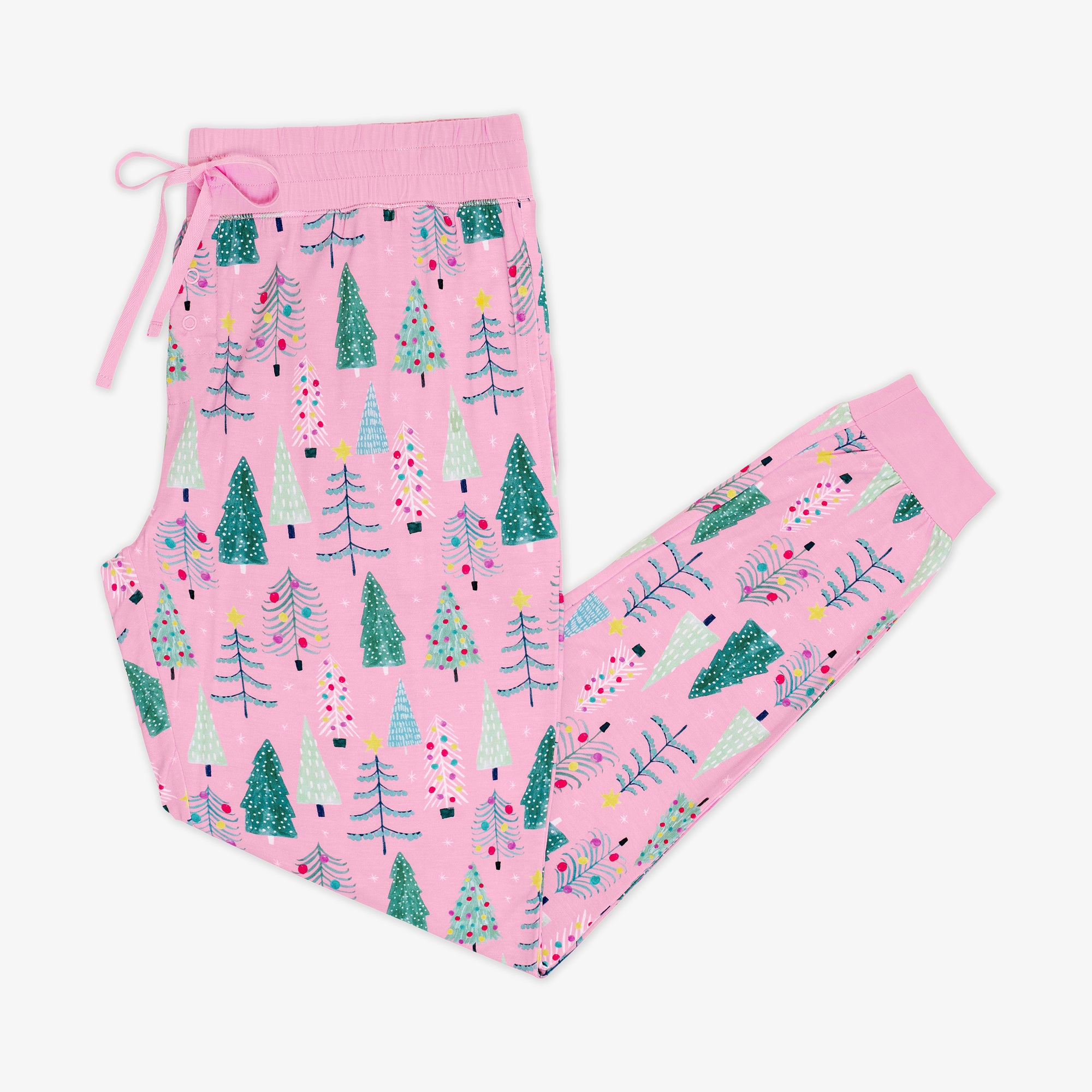 Flat lay image of Pink Twinkling Trees Women's Pajama Pants