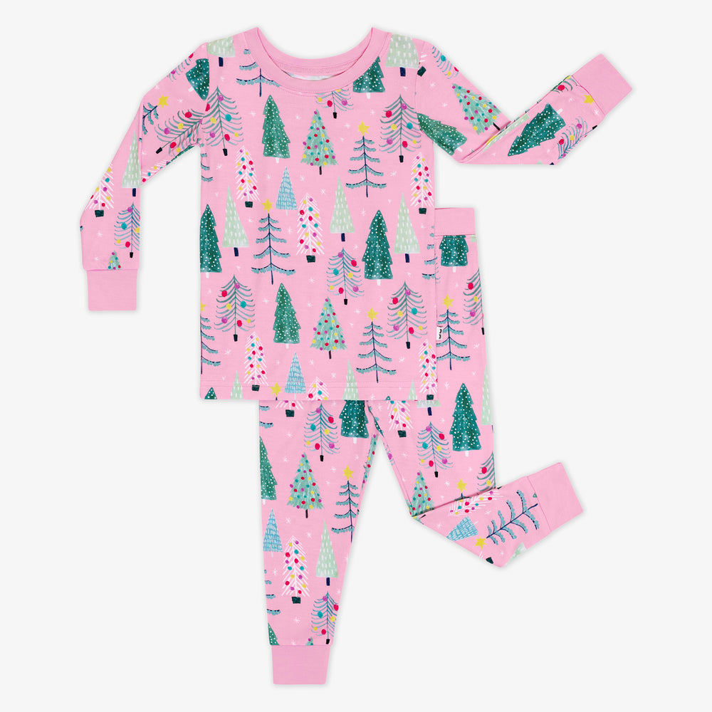 Flat lay image of a Pink Twinkling Trees Two-Piece Pajama Set