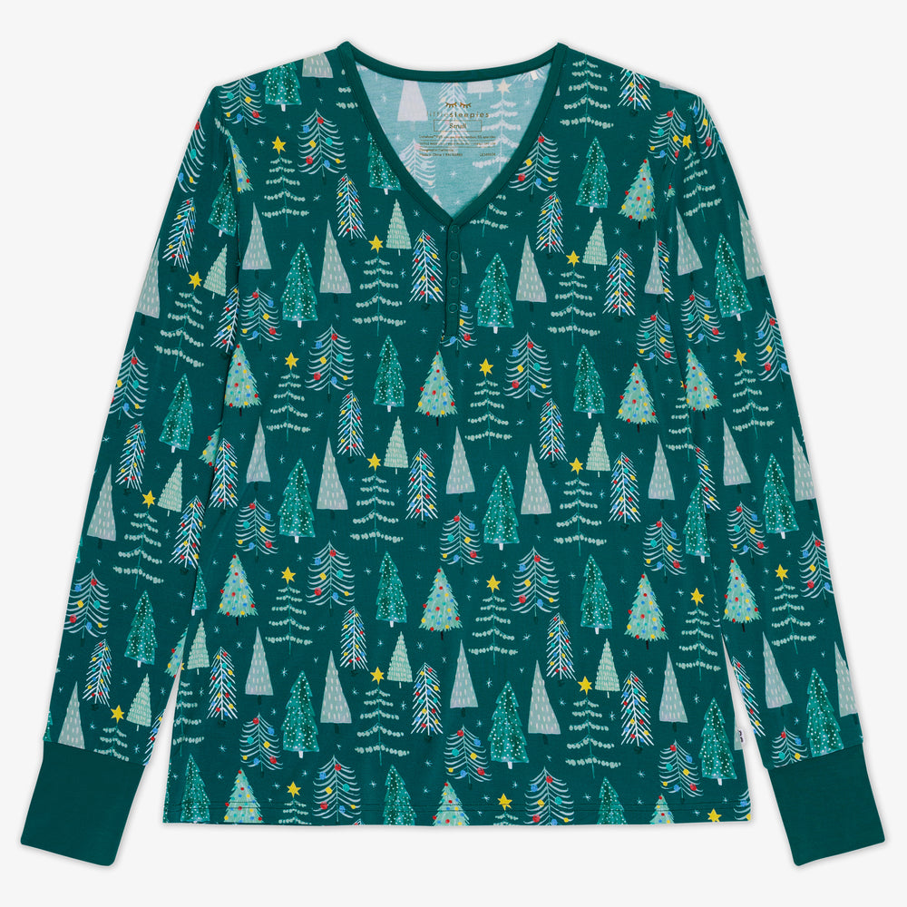 Flat lay image of the Green Twinkling Trees Women's Pajama Top