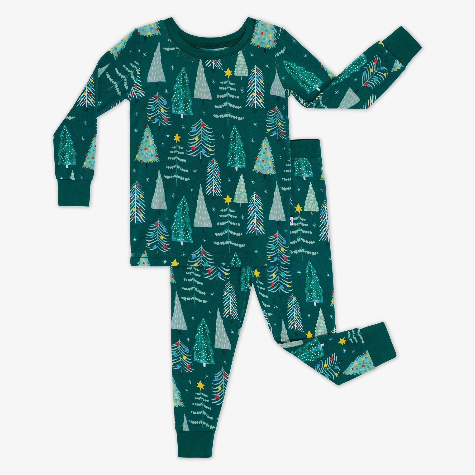 Flat lay image of the Green Twinkling Trees Two-Piece Pajama Set