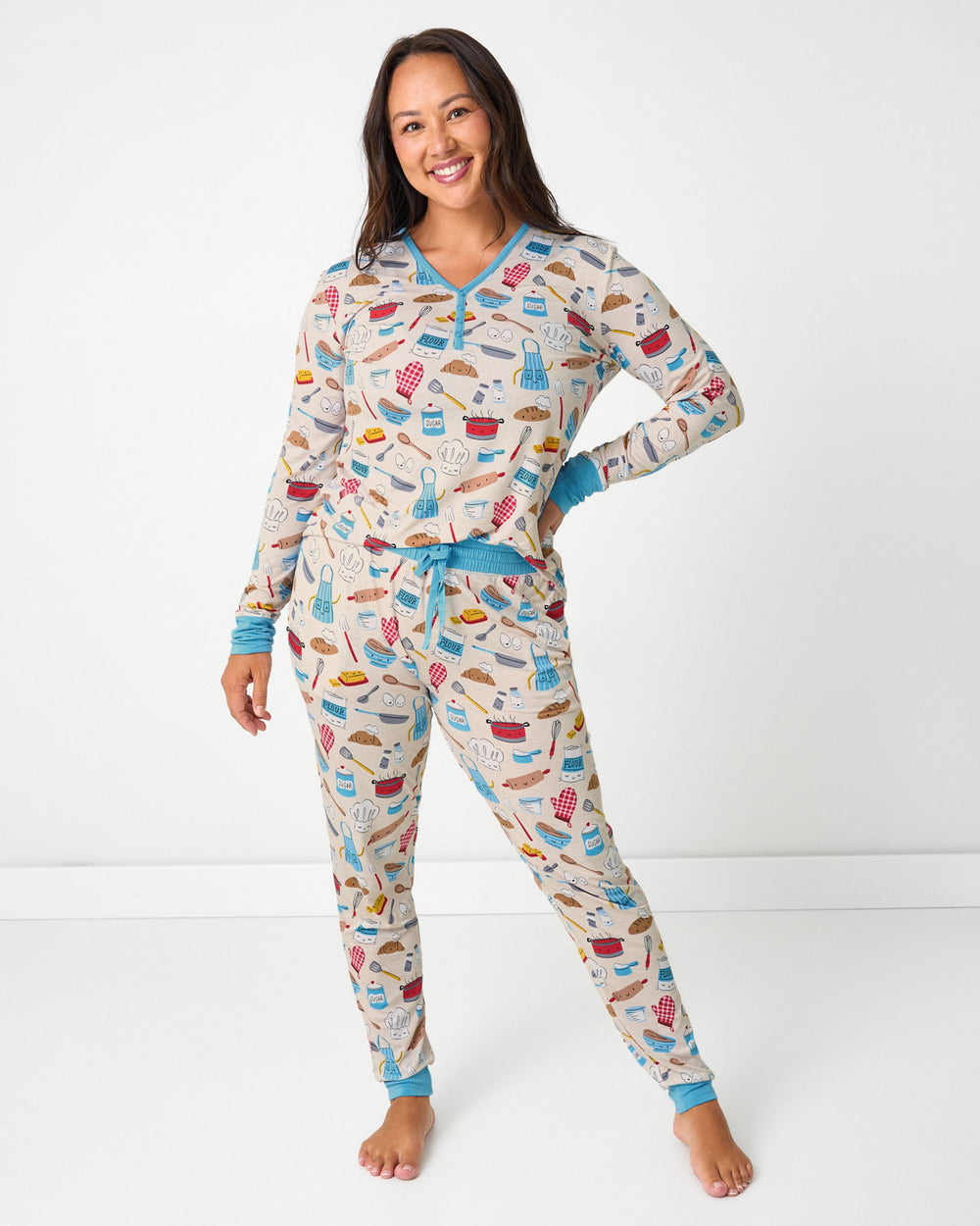 Woman wearing the Little Chef Women's Long Sleeve Pajama Top and Pants