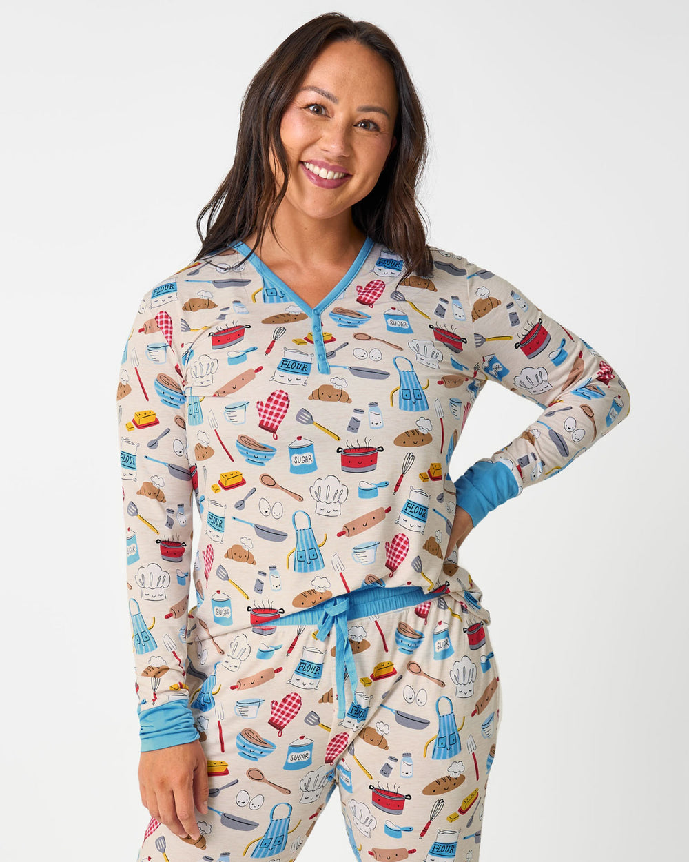 Woman wearing the Little Chef Women's Long Sleeve Pajama Top