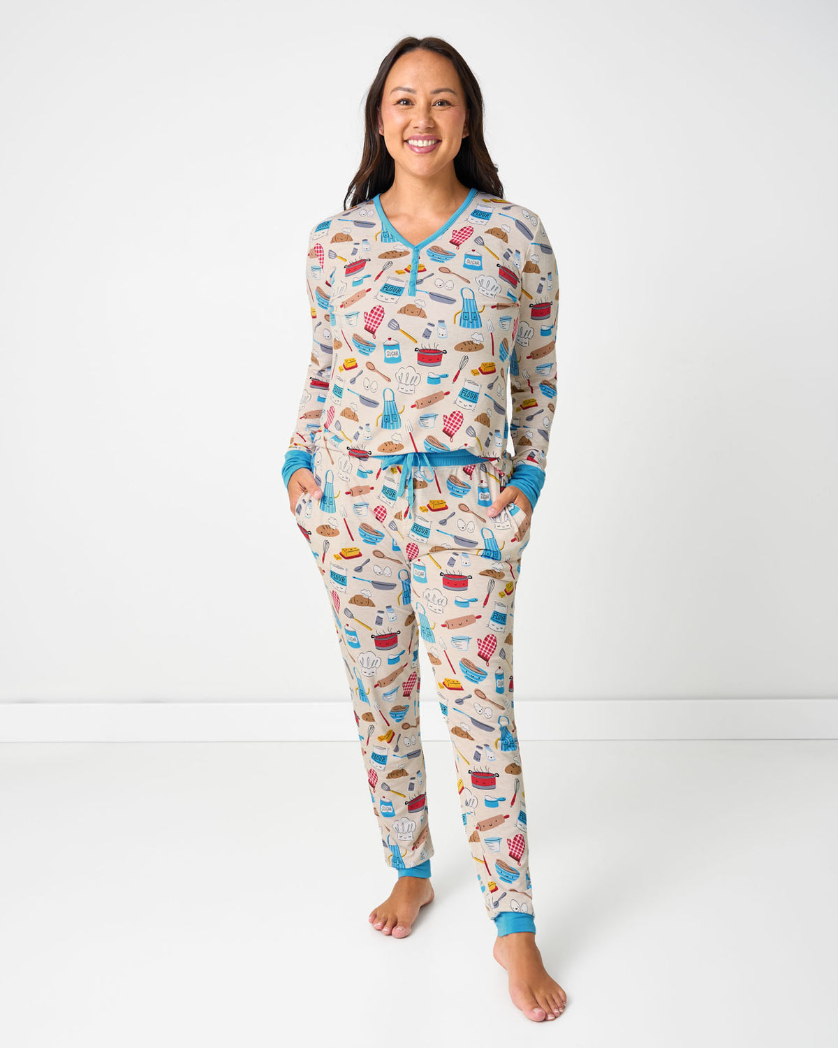 Woman wearing the Little Chef Women's Pajama Pants and Top
