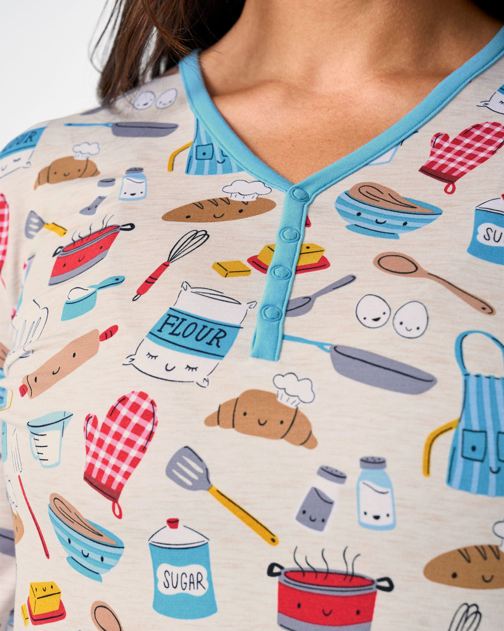 Close up of the henley buttons on the Little Chef Women's Long Sleeve Pajama Top