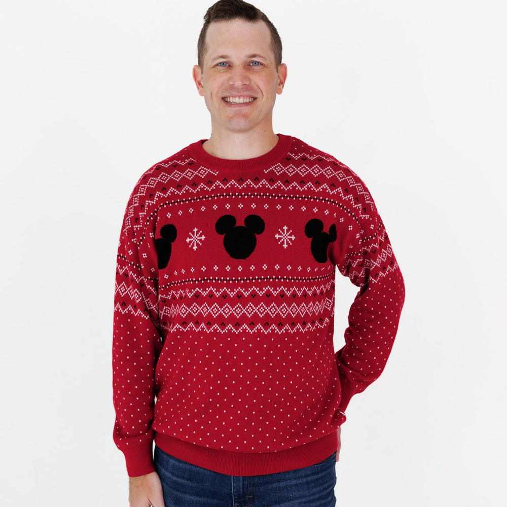 Close up image of a man wearing a Vintage Mickey Fair Isle Adult Relaxed Sweater