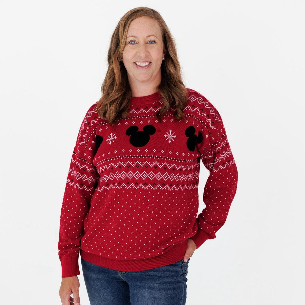 Woman with a hand in her pocket wearing a Vintage Mickey Fair Isle Adult Relaxed Sweater