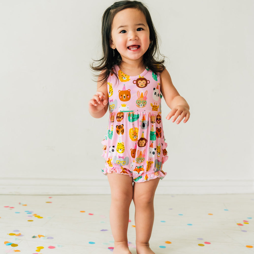 Girl wearing Pink Party Pals Bubble Romper