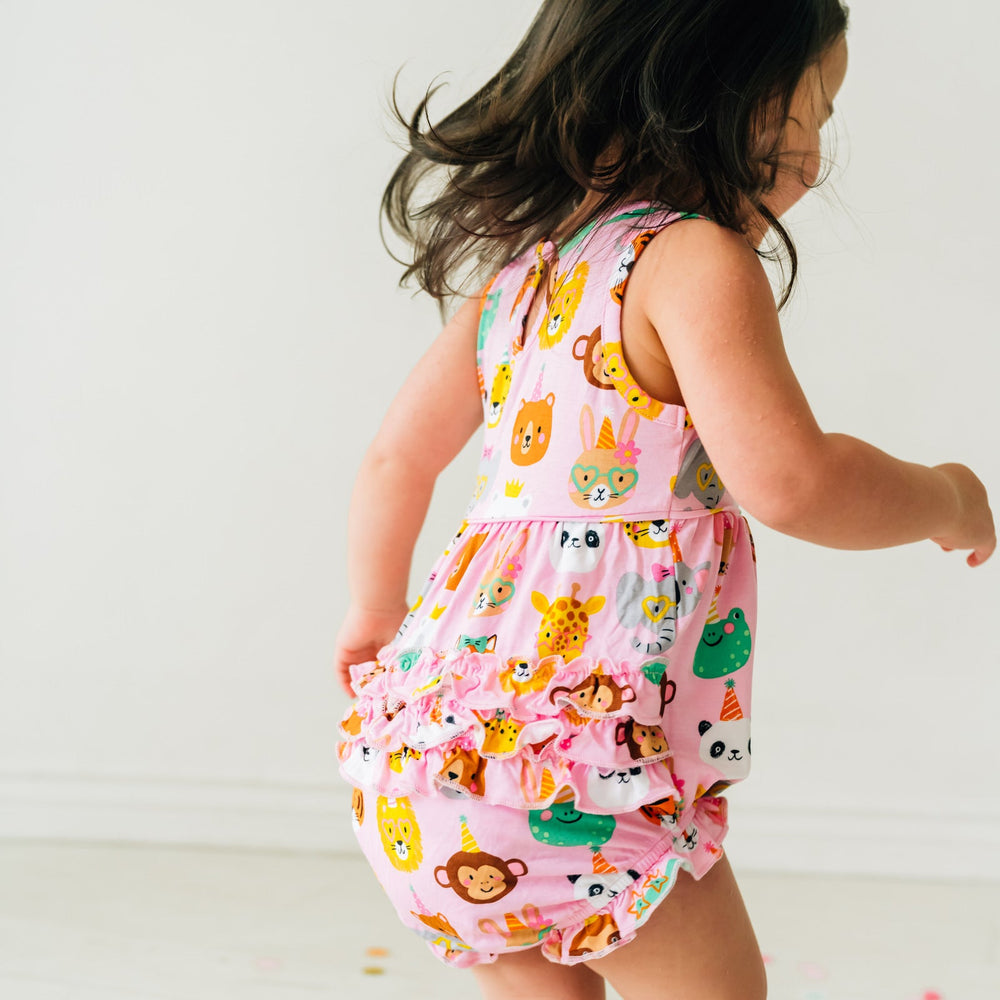 Back of Girl wearing Pink Party Pals Bubble Romper