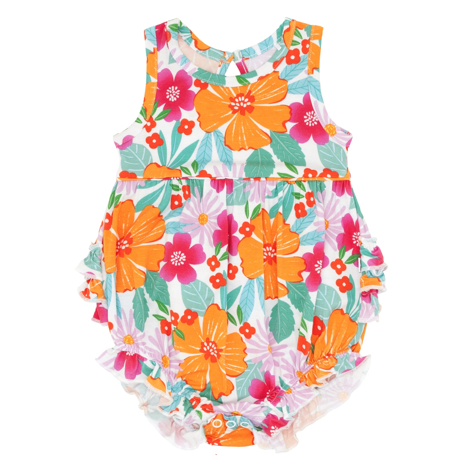 Flat lay image of a Beachy Blooms bubble romper. 