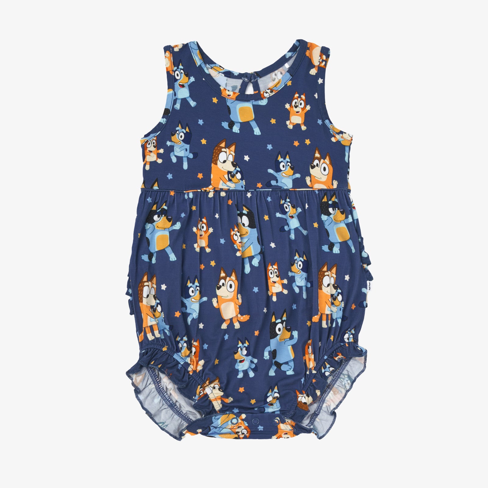Flat lay image of the Bluey Dance Mode Bubble Romper