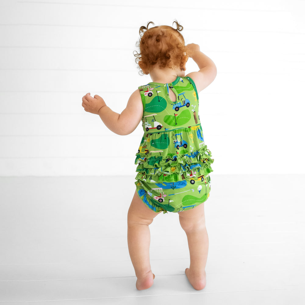 Back view image of a child wearing a Fairway Fun Bubble Romper