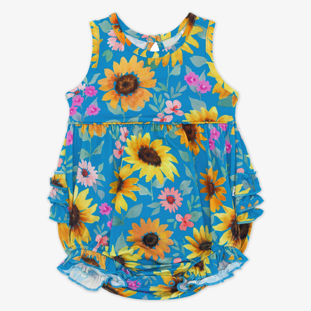 Flat lay image of a Sunflower Fields Bubble Romper