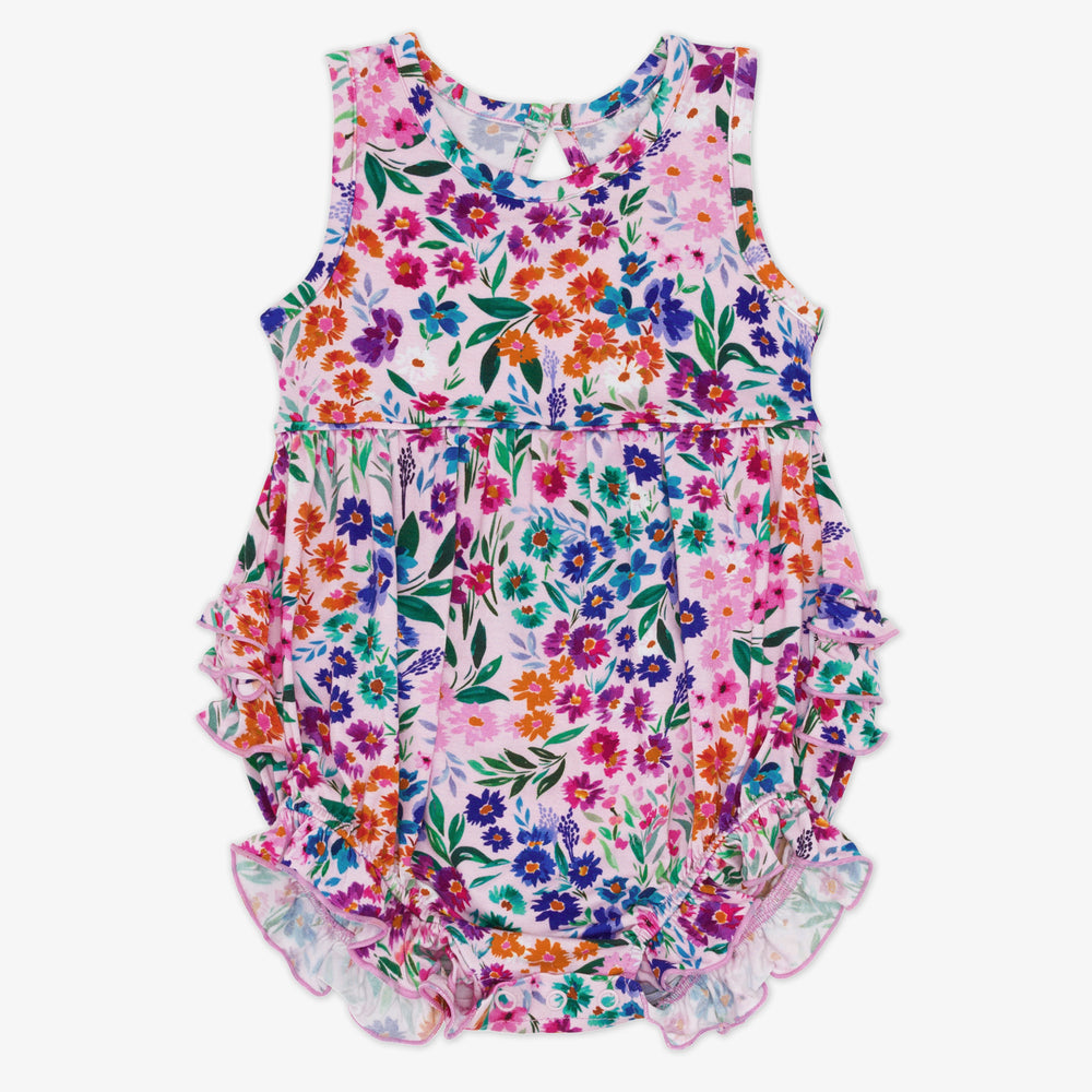 Flat lay image of a Sweet Pea Floral Bubble Romper