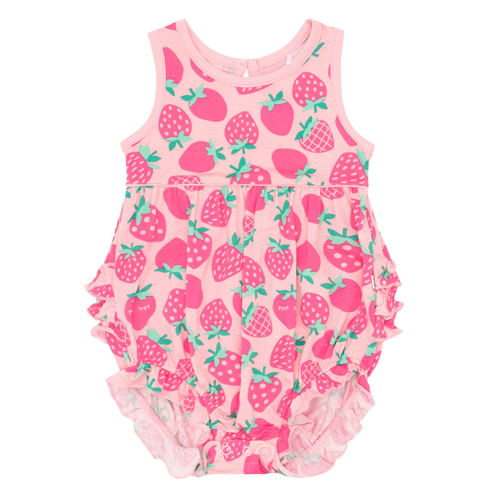 Flat lay image of the Sweet Strawberries Bubble Romper