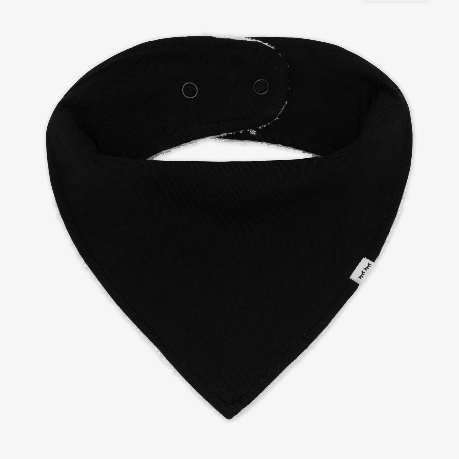 Flat lay image of a solid black bandana bib