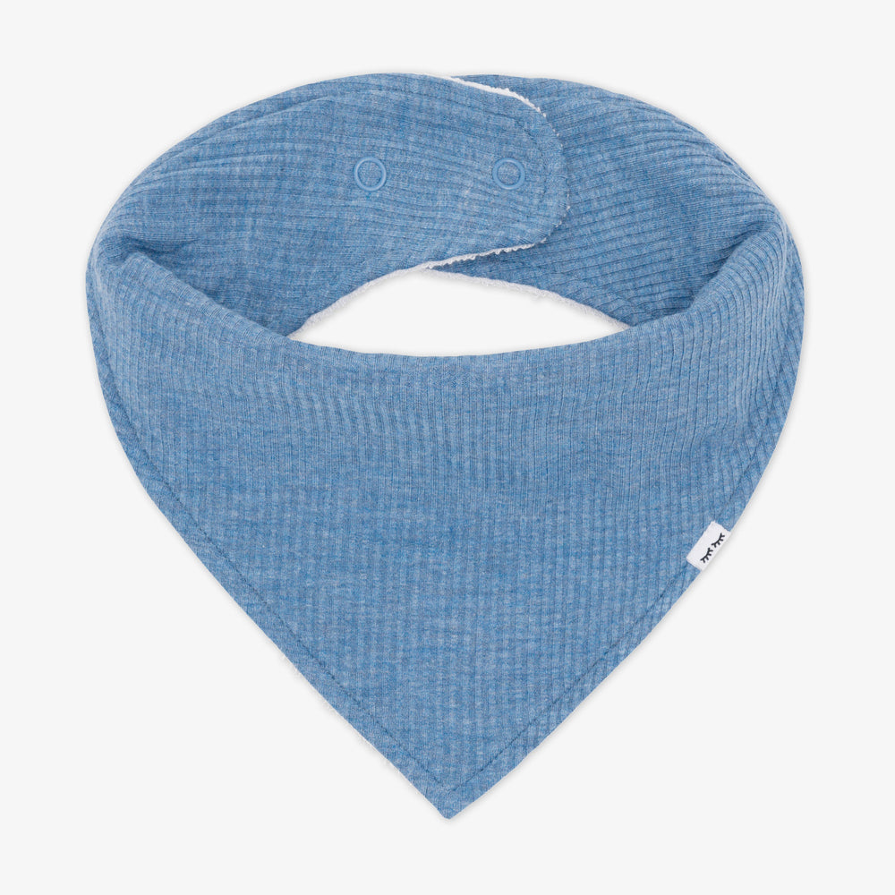 Flat lay image of a Heather Blue ribbed Bandana Bib 