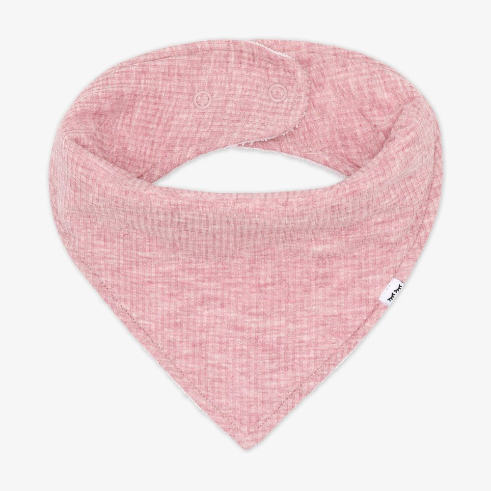 Flat lay image of a heather mauve ribbed bandana bib