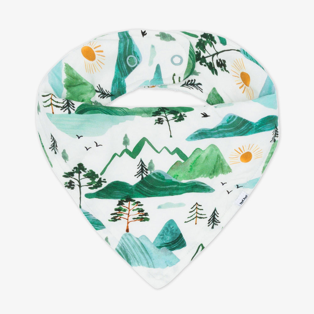 Flat lay image of a Mountain Mist bandana bib