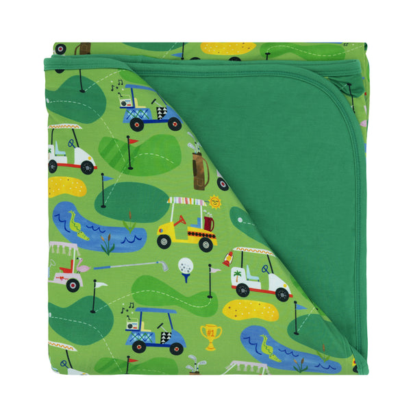 Flat lay image of a Fairway Fun large cloud blanket