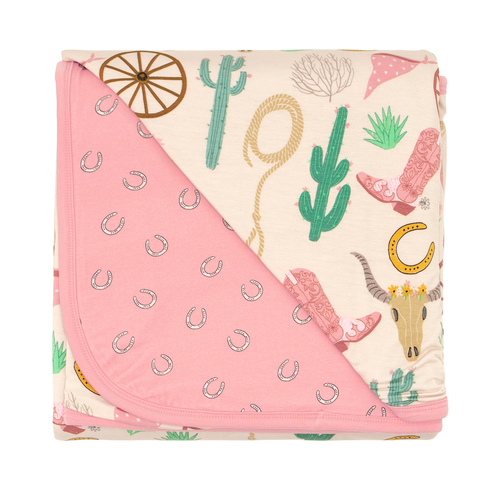 Flat lay image of a Pink Ready to Rodeo large cloud blanket showing off the printed backing