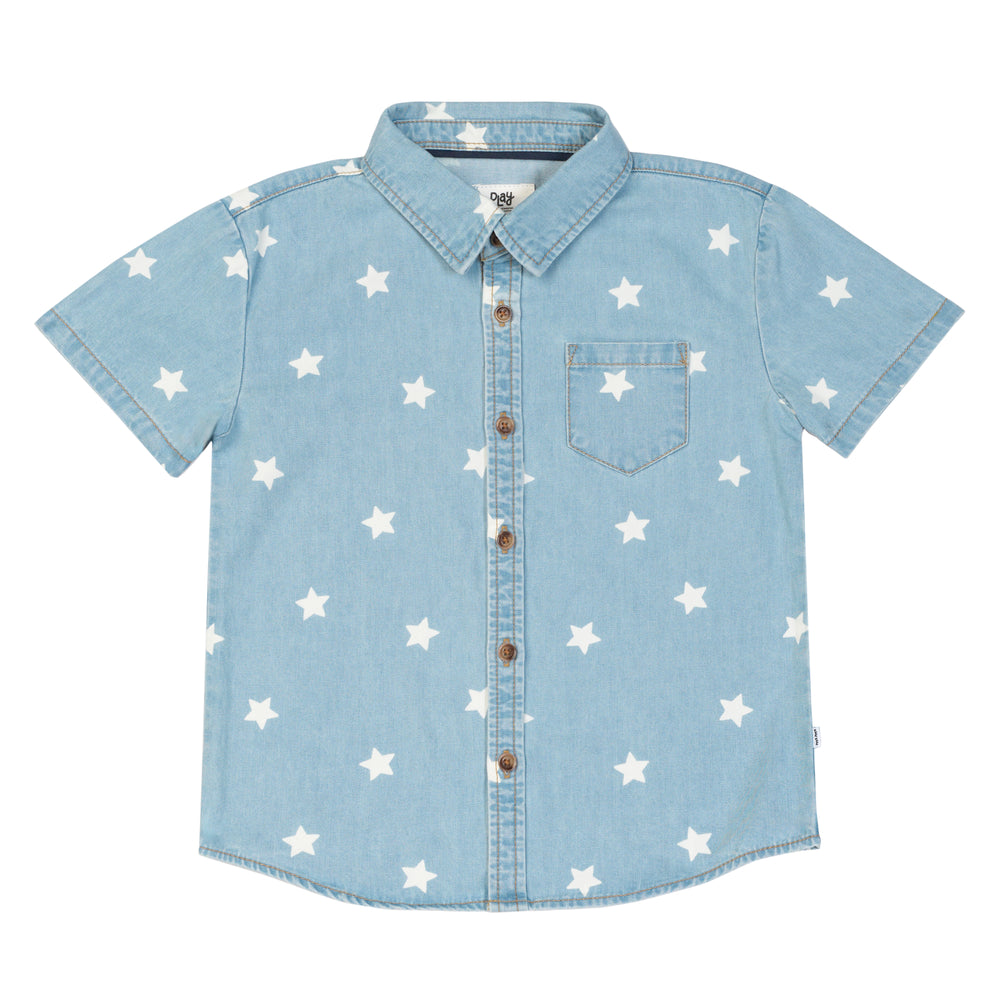Flat lay image of a Denim Stars button down polo