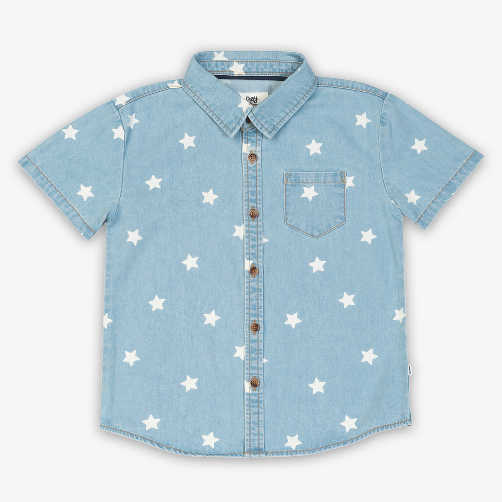 Flat lay image of the Denim Stars Button Down Polo