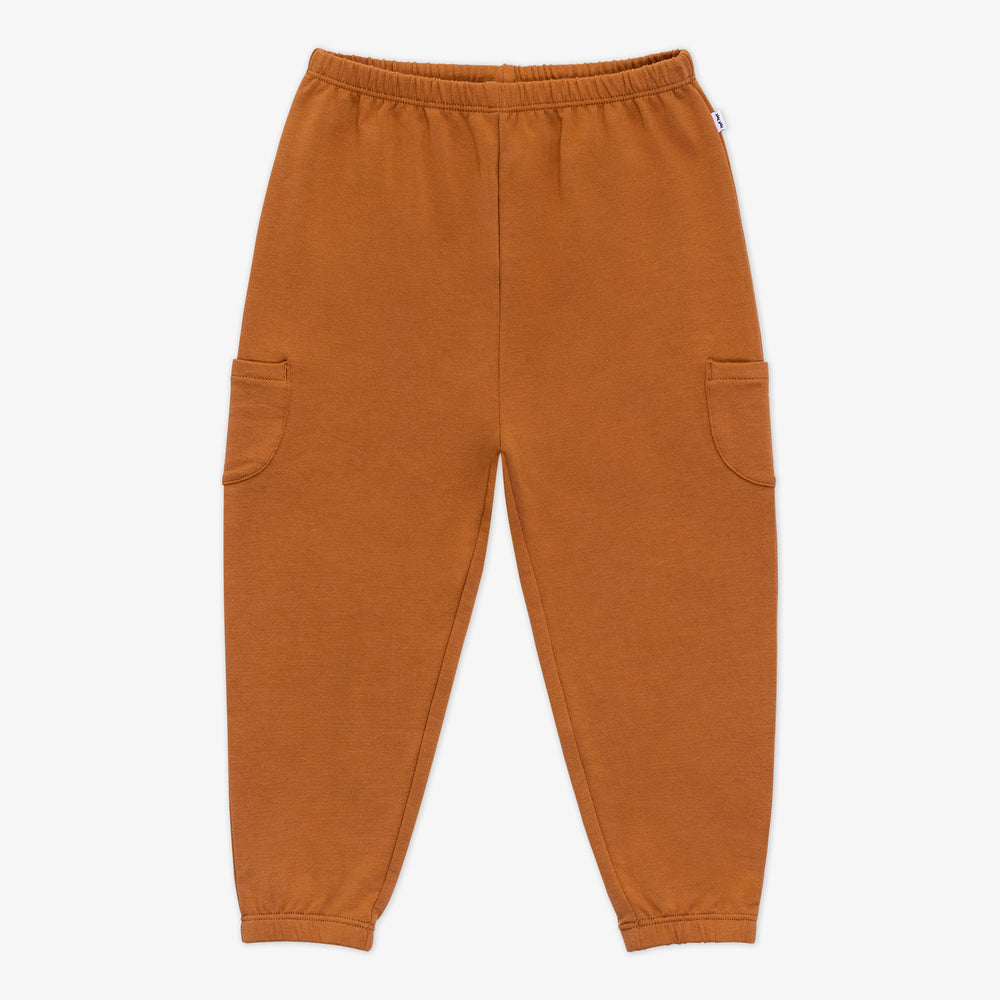 Flat lay of a Golden Brown cinched jogger featuring two side pockets, cinched waistband, and cinched ankle cuffs