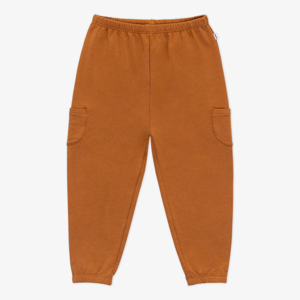 Flat lay of a Golden Brown cinched jogger featuring two side pockets, cinched waistband, and cinched ankle cuffs