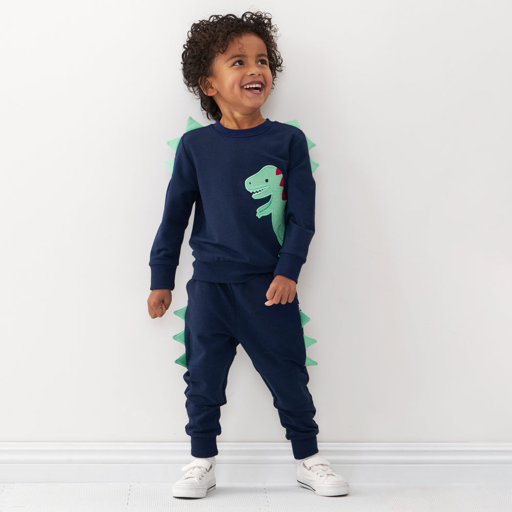Click to see full screen - Child wearing a Dinosaur crewneck sweatshirt and matching joggers