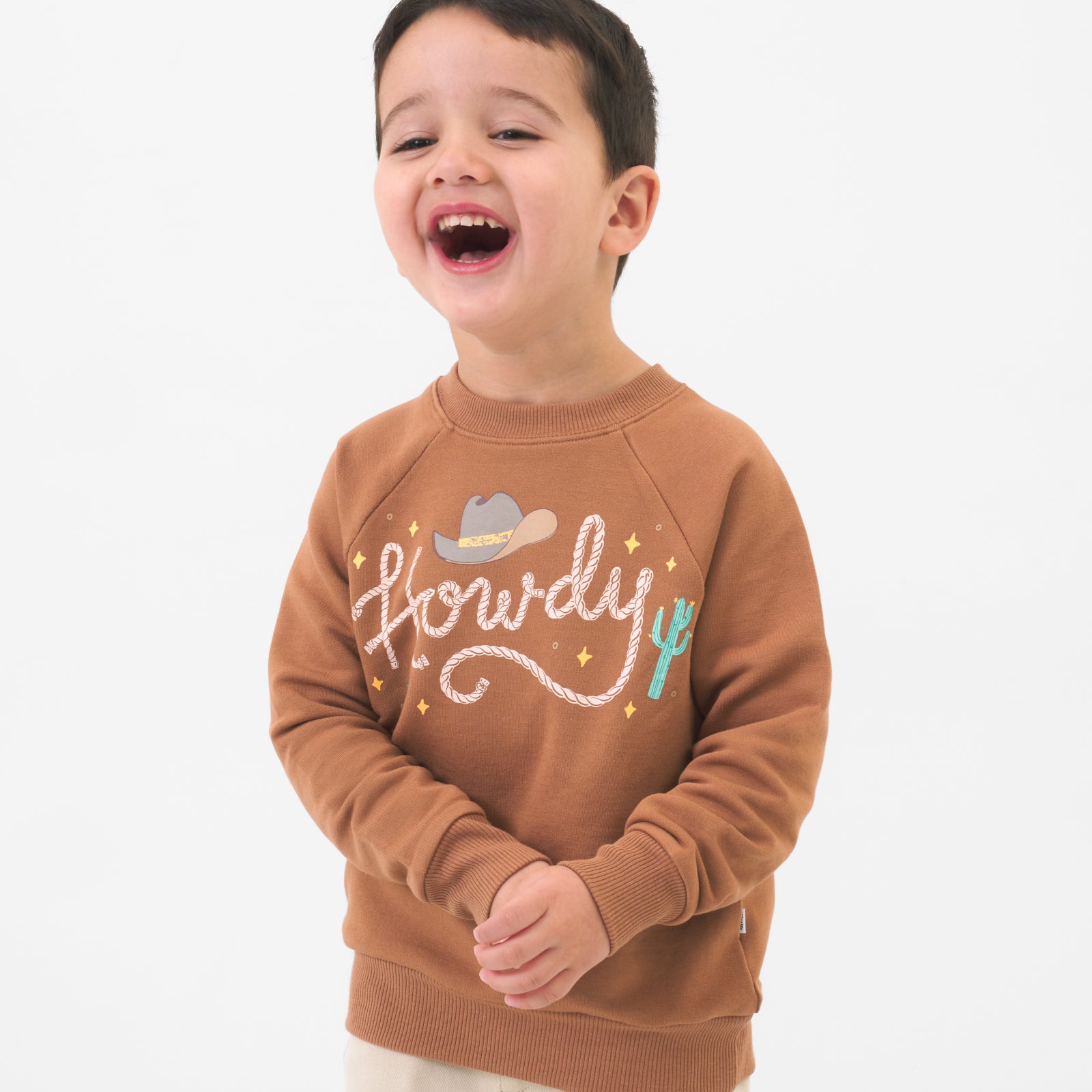 Alternate image of a child wearing a Howdy crewneck sweatshirt