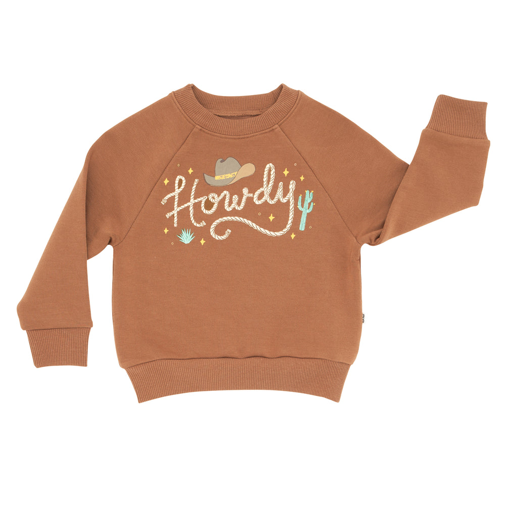 Flat lay image of a Howdy crewneck sweatshirt