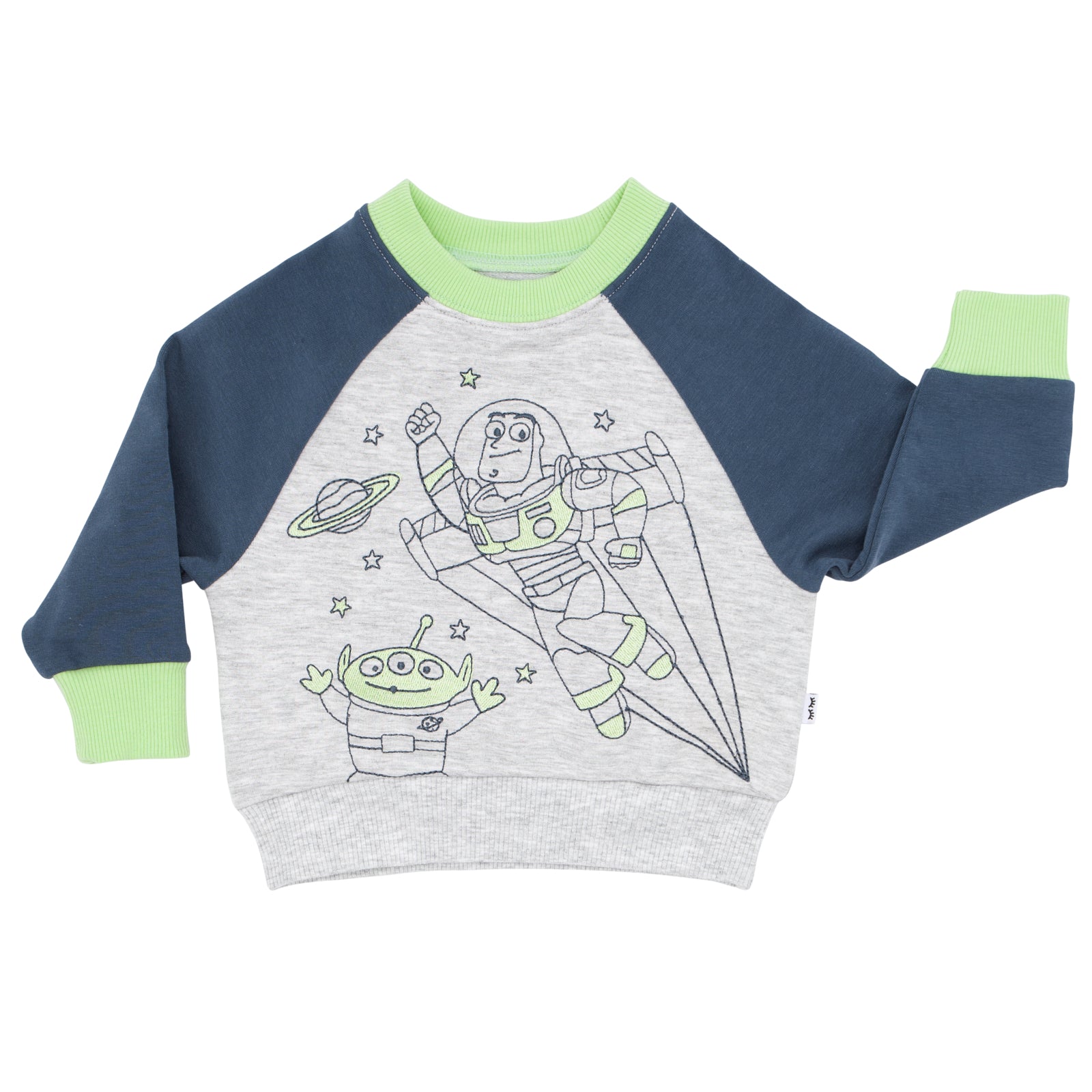 Flat lay image of a Disney Pixar Buzz Lightyear crewneck sweatshirt