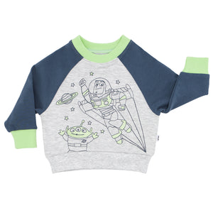 Flat lay image of a Disney Pixar Buzz Lightyear crewneck sweatshirt