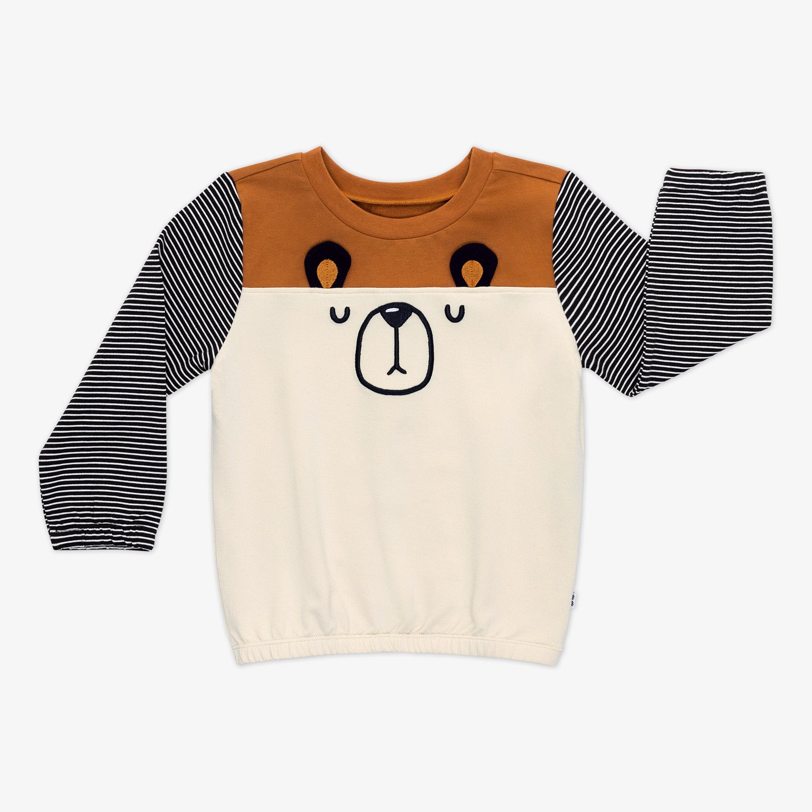 Flat lay of the Arctic Cinched Panel Crewneck with a bear face design, striped sleeves, colorblock panels, and elastic hem