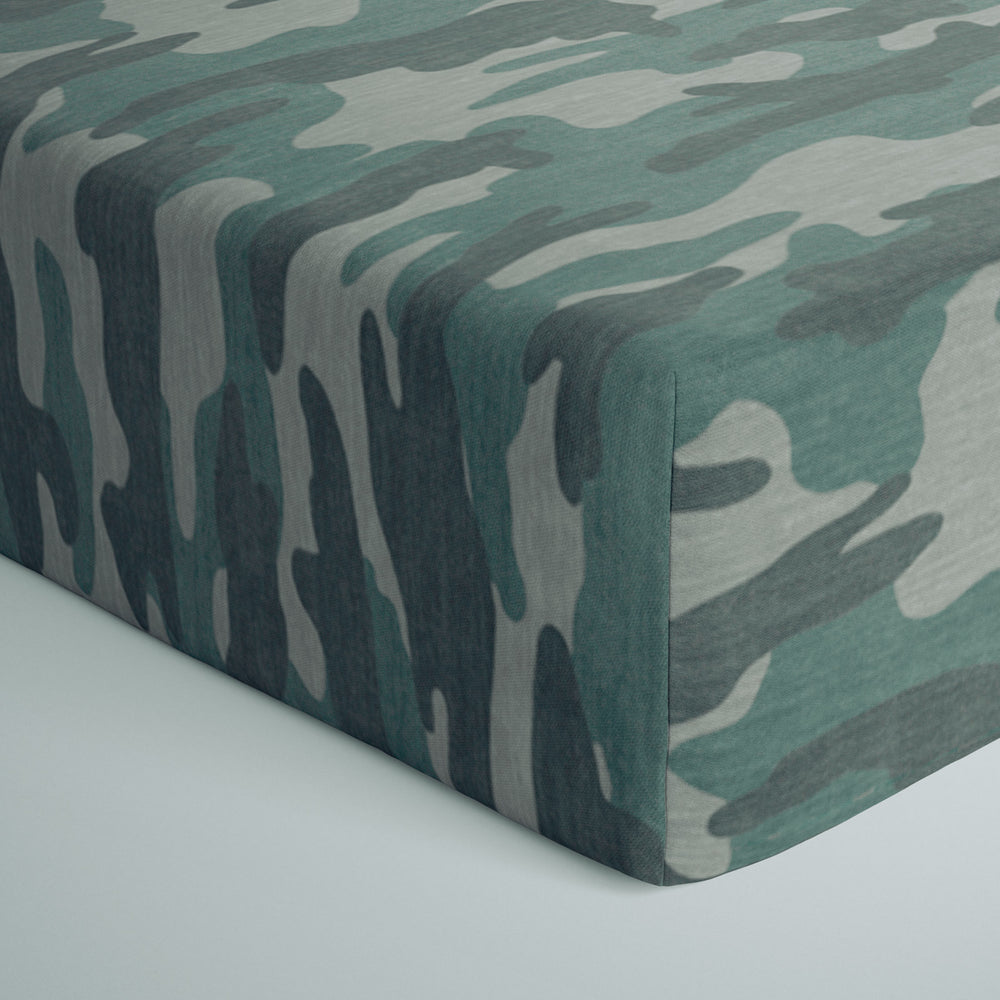 Corner view of Vintage Camo crib sheet