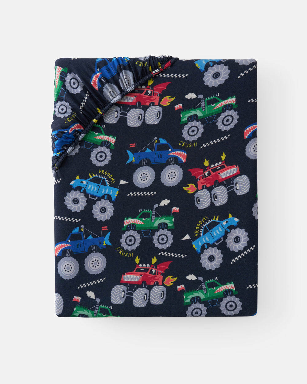 Flat lay of the Monster Truck Madness Fitted Crib Sheet