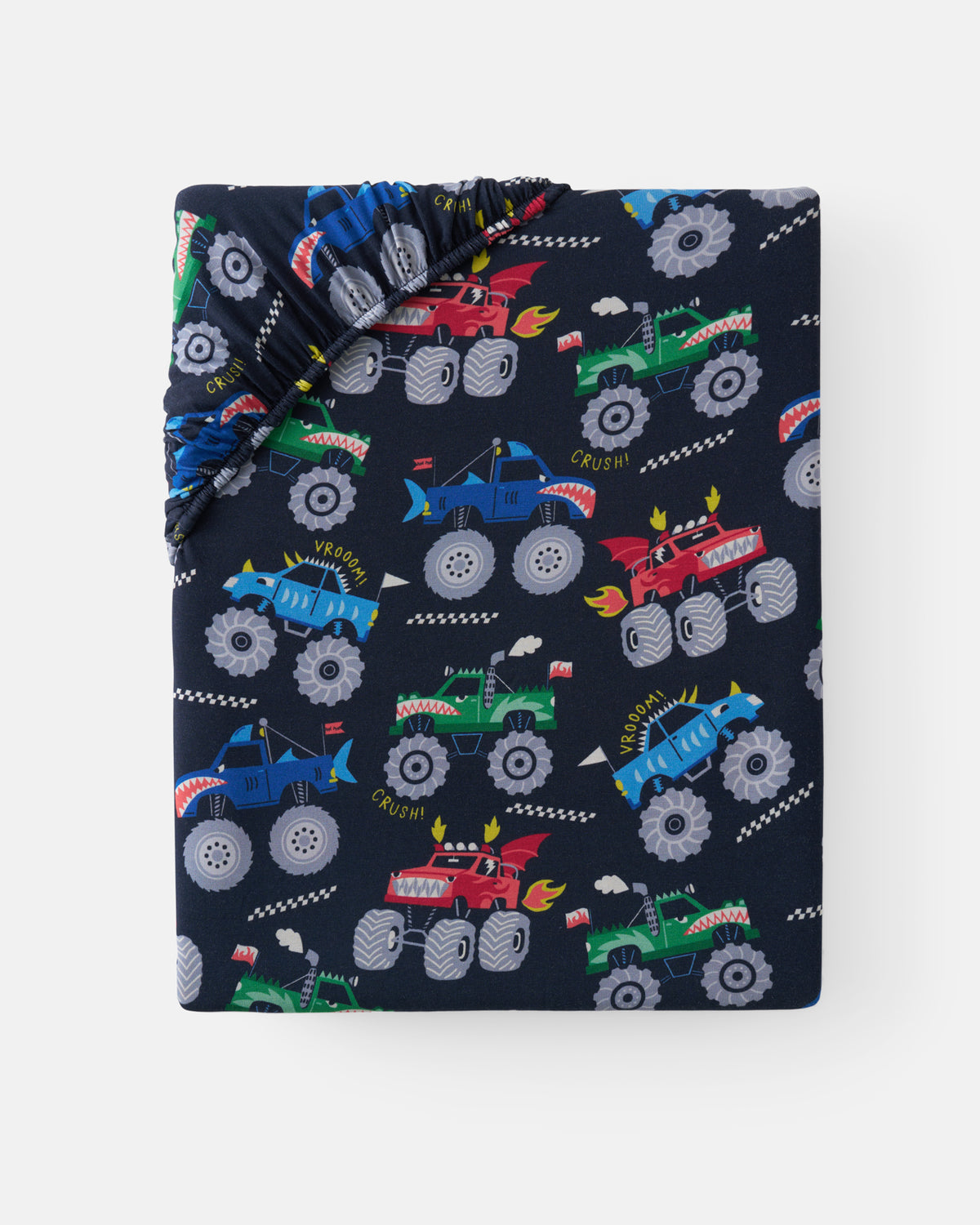 Flat lay of the Monster Truck Madness Fitted Crib Sheet