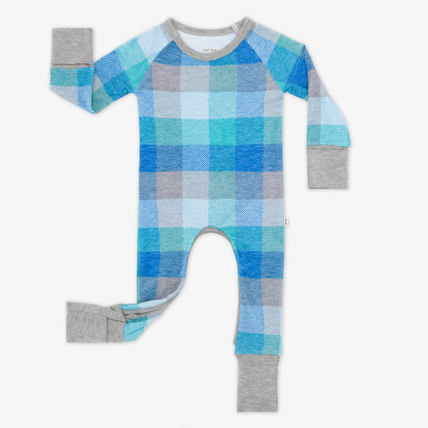 Flat lay image of a Arctic Plaid crescent zippy