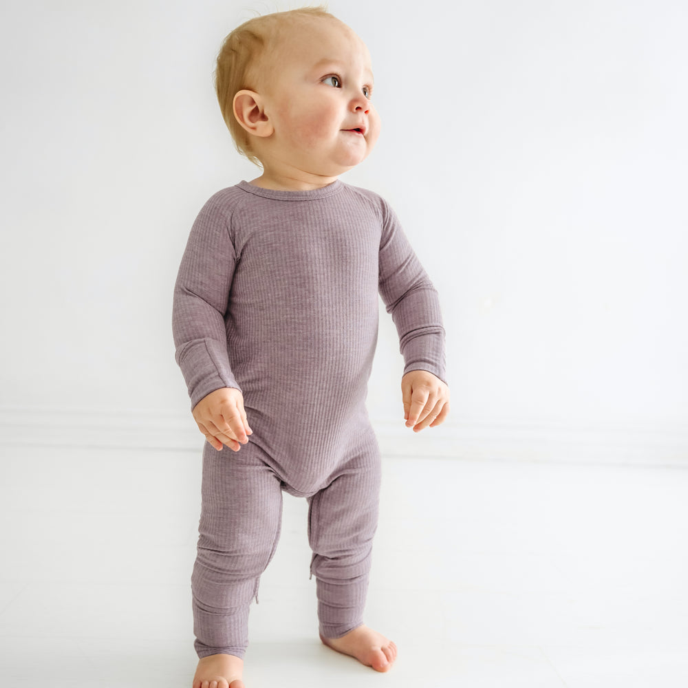 Click to see full screen - Child wearing a Heather Smokey Lavender ribbed crescent zippy