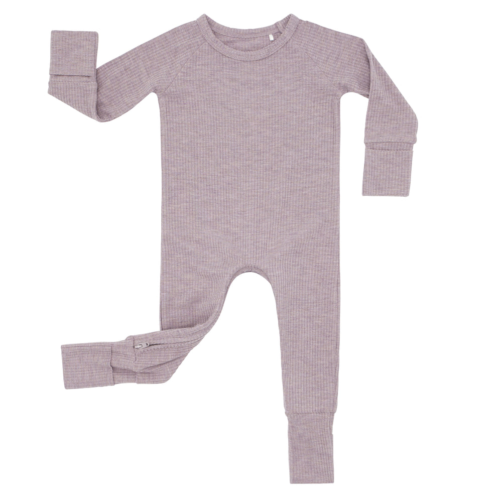 Click to see full screen - Flat lay image of a Heather Smokey Lavender ribbed crescent zippy