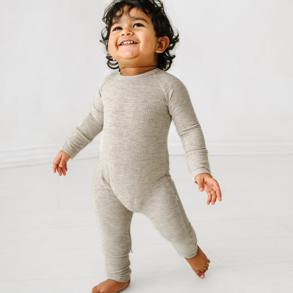 Alternate image of a child wearing a Heather Stone Ribbed crescent zippy