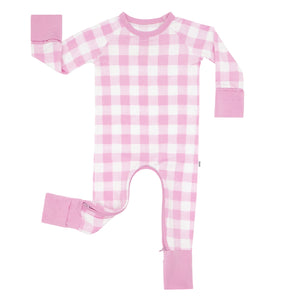Flat lay image of Pink Gingham crescent zippy