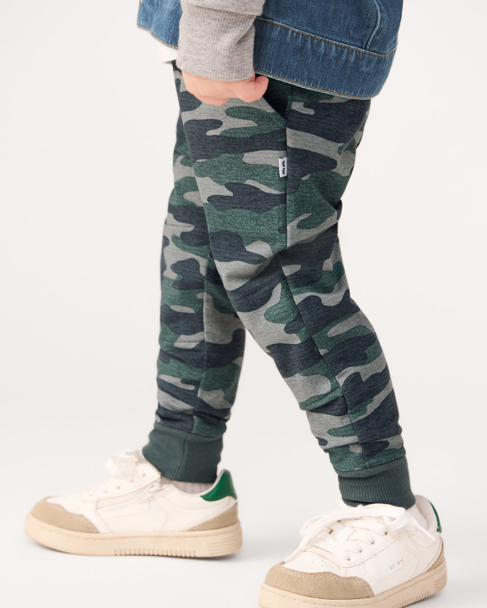 Close up of child wearing the Vintage Camo Jogger