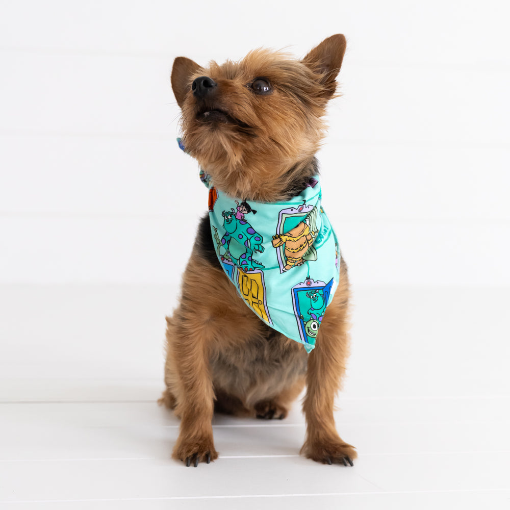 Additional image of small brown dog wearing the Disney Monsters, Inc. Scream Team Pet Bandana