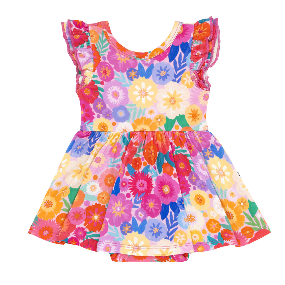 Flat lay image of a Rainbow Blooms flutter twirl dress with bodysuit